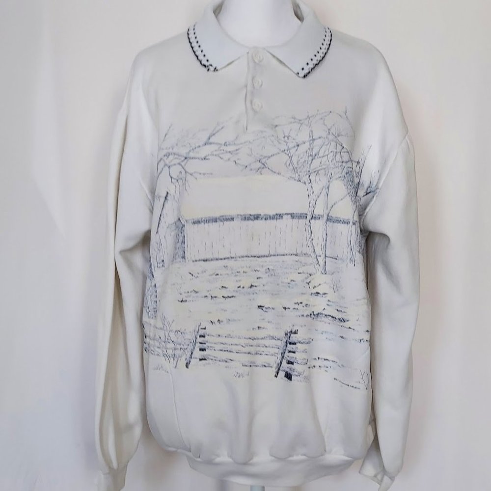 Art Unlimited Womens Collared Long Sleeve Sweatshirt Snow Cabin Blue White XL